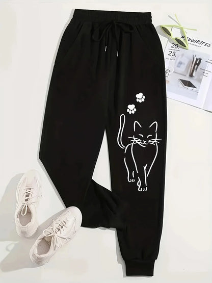 Elegant Cat Print Casual Versatile Women Pants Fashion Trendy Trousers With Drawstring Pockets Comfortable Sweatpants Female