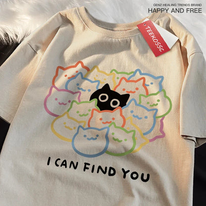 I Can Find You Fun Cat Print Tshirt Men Women Fashion Oversize T-Shirt Summer 100% Cotton Tee Clothing Loose Fashion Casual Tops