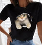 Girls Funny Climb Cute Cat Design Print T-shirt Short Sleeve Neck Casual All Season Women's Clothing Top Tee Ladies' Cat T-shirt