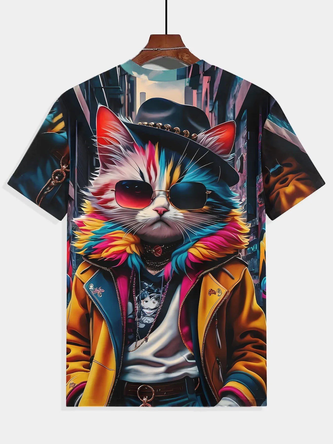 Men's Summer Fashion T-Shirt with Cool Cat 3D Print – Comfortable Polyester,Round Neck,Short Sleeves,Vibrant Casual Wear