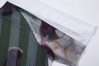 Cat Print Short Sleeve T-shirt Mens Summer Retro High Street Loose Raglan Half-Sleeve V-neck Breathable Mesh Tshirt Men