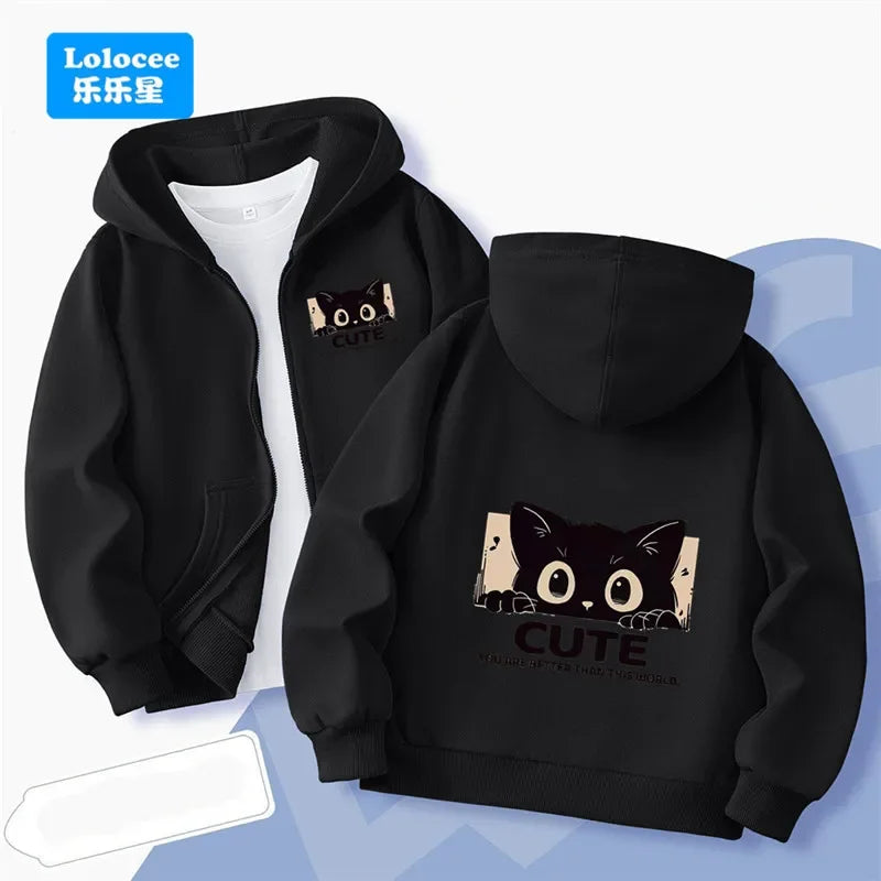 Cute Black Cat Print Zip-up Jacket Spring Boys Hooded Sweatshirt Cartoon Zipper Coat Autumn Kids Outdoor Hoodie Clothing MKA1