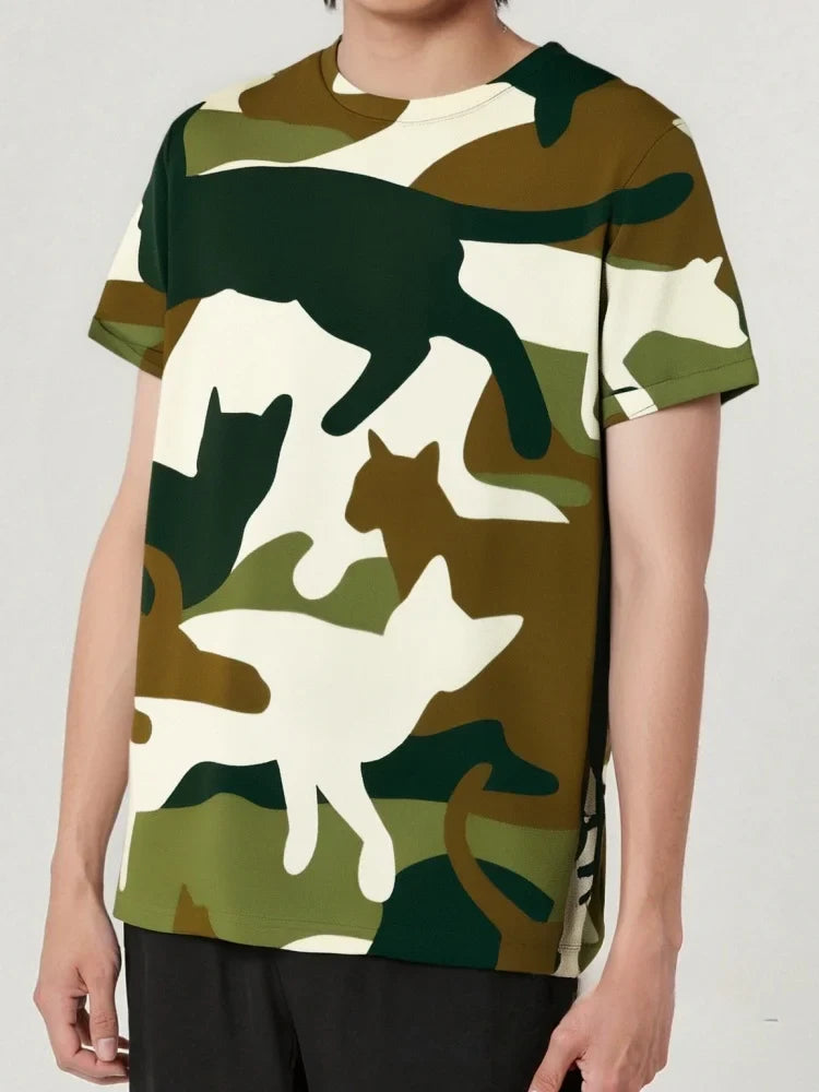 Men's Camo Cat Art Print T-Shirt Fashion Streetwear Short Sleeve Tees Summer 2025 Harajuku Oversized Crew Neck Tops Tunics