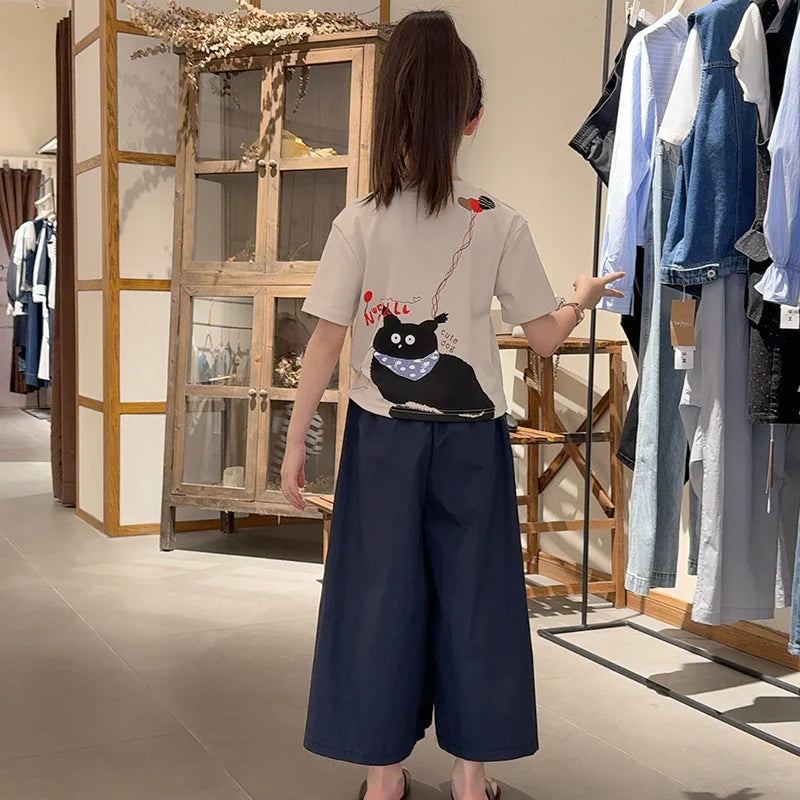 Girls Clothing Set Cartoon Cat Print T-shirt+Straight Through Pants 2Pcs Suit For 2-8 Years Kids Casual Outfit 2025 Summer New