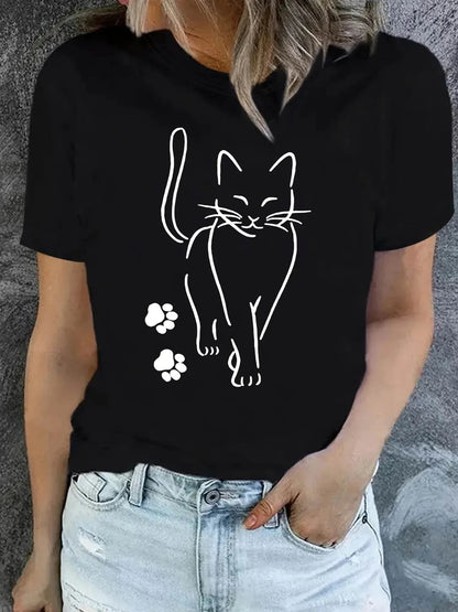 Women's Cat Printed Round Neck Loose T-shirt with Simple Lines Cat Plus Size Comfortable and Casual Black Short Sleeved Top